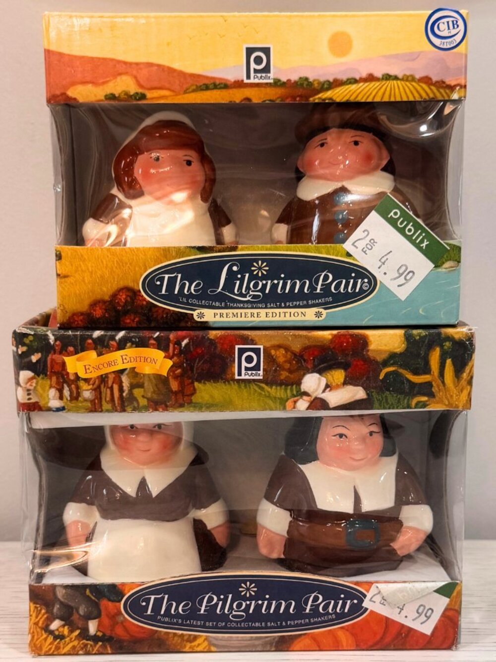 Vintage Publix Pilgrim Salt & Pepper Shakers Lot Thanksgiving Lilgram 2002 2004